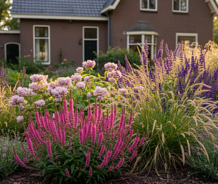 Veronica spicata heidekind, Brandkruid 'Phlomis' roze
Dropplant 'Agastache' black adder en vedergras stipa Ponytails in speelse groepjes