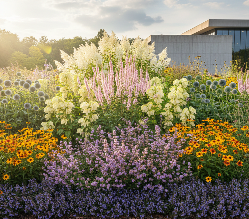 veronicastrum pink glow in border met Glidkruid 'Scutellaria' als randbeplanting

Geitenbaard 'Aruncus' in diepere borders er achter

Beemdkroon 'Knautia' er voor

Brandkruid 'Phlomis' er voor of er naast

Kogeldistel 'Echinops'  er voor of er naast

Zonnekruid 'Helenium' 