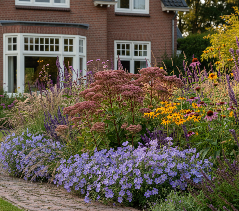 sedum matrona met ooievaarsbek rozanne ervoor en gele zonnehoed rudbeckia en salie mainacht er achter in groepjes met tussendoor enkele siergrassen pennisetum hameln