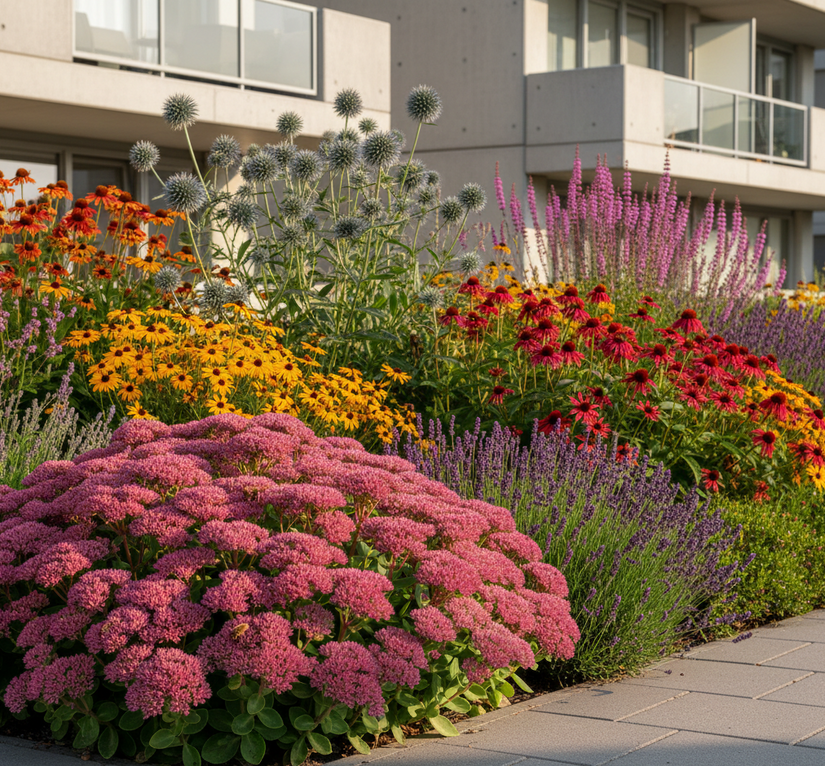 Sedum spec brilliant met Dropplant 'Agastache' zet deze achteraan
Lavendel 'Lavendula' 
Rode Zonnehoed 'Echinacea' en Gele zonnehoed 'Rudbeckia' 
Kogeldistel 'Echinops' 
Zonnekruid 'Helenium'