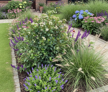wintergroene sneeuwbal viburnum tinus in witte bloei in border met salie mainacht, rode zonnehoed 'echinacea purpurea', lampenpoetsersgras 'pennisetum hameln' en vinca minor.
