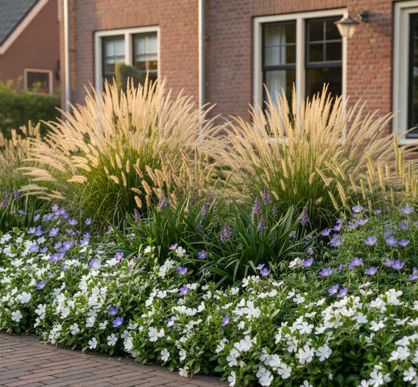Maagdenpalm wit - Vinca alba met ooievaarsbek rozanne, kattenstaart, leliegras 'liriope' en lampenpoetsersgras 'pennisetum' hameln