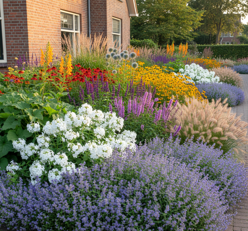 phlox white admiral en rode Zonnehoed 'Echinacea'

Salie 'Salvia' Mainacht

Gele Zonnehoed 'Rudbeckia'

Zonnekruid 'Helenium'

Duizendblad 'Achillea'

Kruiskruid 'Ligularia'

Kogeldistel 'Echinops'

Siergrassen Lampenpoetsersgras 'Pennisetum' en Pijpestrootje 'Molinia'

Kattenkruid 'Nepeta' ( als randbeplanting ervoor)

Dropplant 'Agastache' 