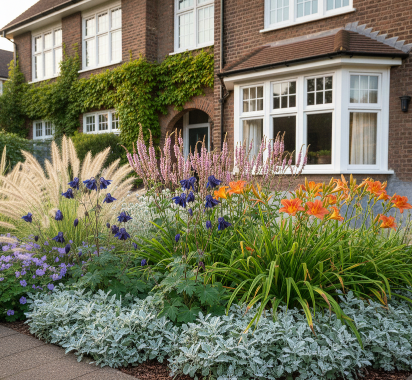 Groepjes border - Aquilegia vulgaris, daglelie oranje-rood, dropplant 'Agastache', lampenpoetsersgras 'Pennisetum', ezelsoor 'Stachys'
