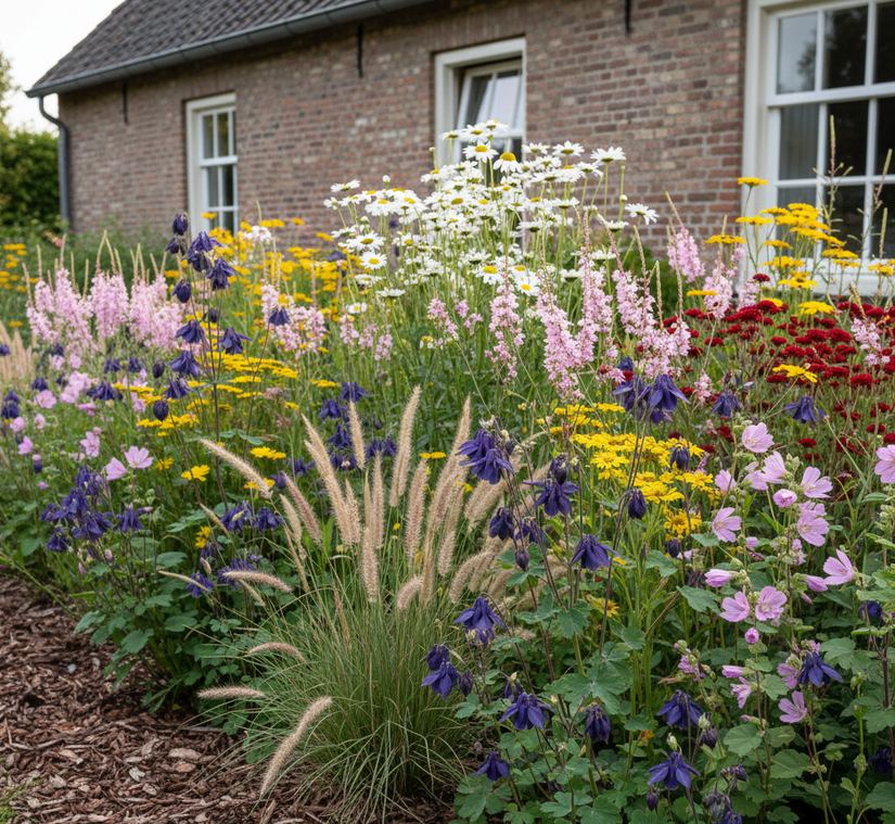 In wilde border met prachtkaars, muskuskaasjeskruid, lampenpoetsersgras, duizendblad (geel en rood) en margriet (wit)
