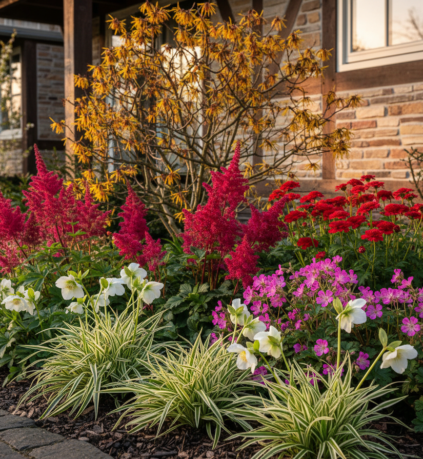 Carex morrowii 'Variegata' in border met helleborus niger, astilbe fanal, rotsoooievaarsbek en Duizendblad 'Achillea' rood en toverhazelaar