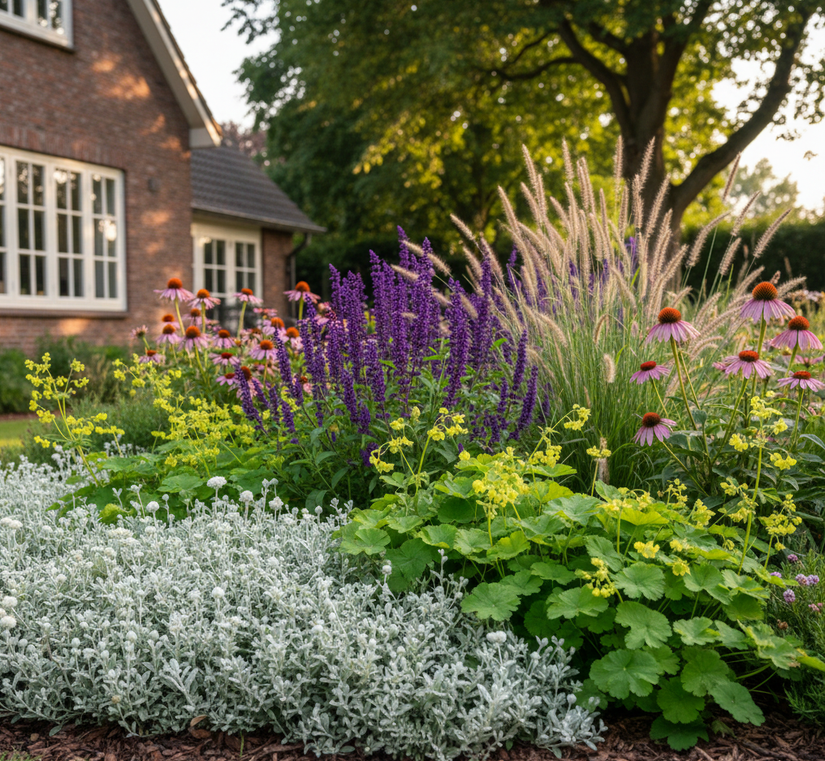 Witte knoop 'Anaphalis triplinervis' aan de rand met deze soorten: Lampepoetsersgras 'Pennisetum'

Pijpestrootje 'Molinia'

Zonnehoed 'Echinacea', 

Salie 'Salvia'  'Mainacht' 

Vrouwenmantel 'Alchemilla'