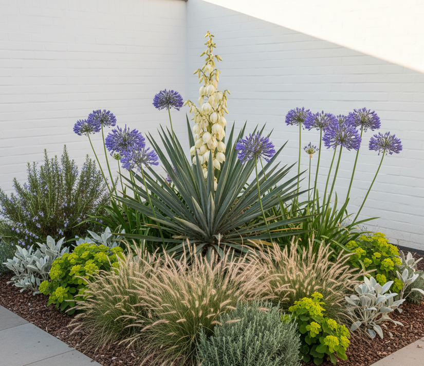 Yucca Filamentosa in ibiza tuin met rozemarijn, stipa grassen, afrikaanse lelie 'agapanthus' en ezelsoor 'stachys'.